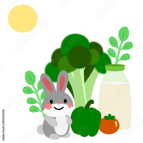 Cute bunny character holding broccoli, parmesan cheese, and bell pepper. Adorable food-themed vector illustration perfect for kids designs, healthy eating concepts, menus, posters, and packaging.