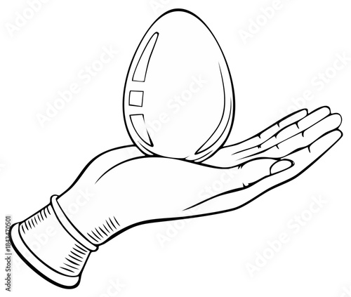 Elegant hand holds oval egg in graceful line art design, stylized fingers, and ornate wrist cuff decoration