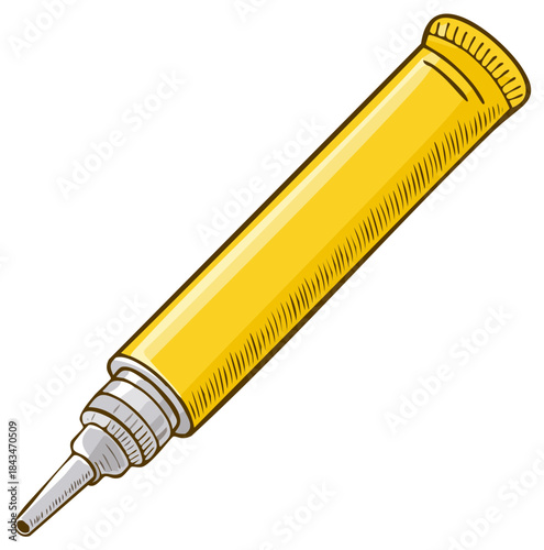 A bright yellow cartoon tube of glue or ointment with a precision metal applicator nozzle