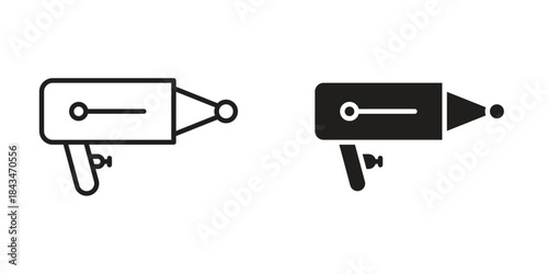 Laser gun icons. Solid black silhouette and line art outline. Minimal design element,