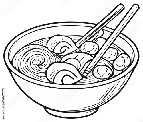 Traditional Asian ramen noodle soup illustration with chopsticks dumplings and swirling pasta lines
