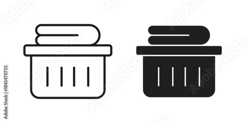 Laundry basket icons. Solid black silhouette and line art outline. Minimal design element,