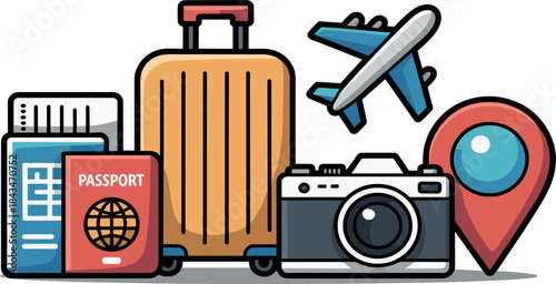 Travel illustration set featuring suitcase, passport, airplane, camera, map pin, and boarding pass icons for tourism and vacation concepts