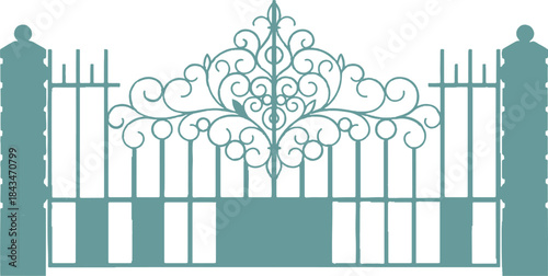 Vector illustration of a green summer cityscape with a fence, flowers, and a house under a blue sky