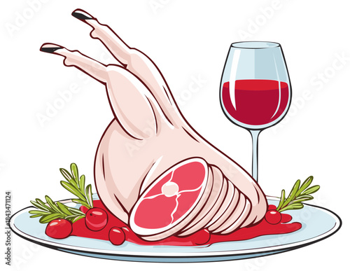 Gourmet roasted duck with cranberry sauce and red wine for a festive holiday dinner illustration