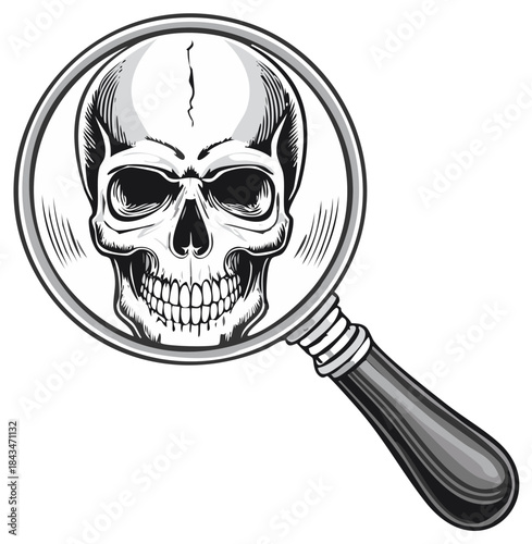 Magnifying glass reveals human skull illustration representing investigation and mystery