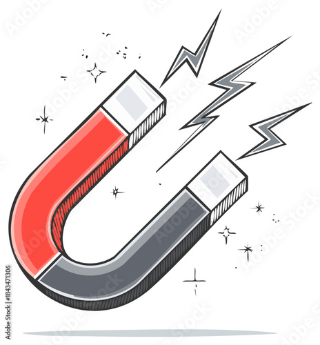 Vibrant cartoon horseshoe magnet with energy bolts symbolizing attraction and scientific power