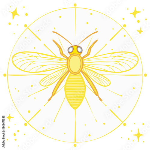 Golden Honey Bee Illustration with Radiant Celestial Circle and Sparkling Accents