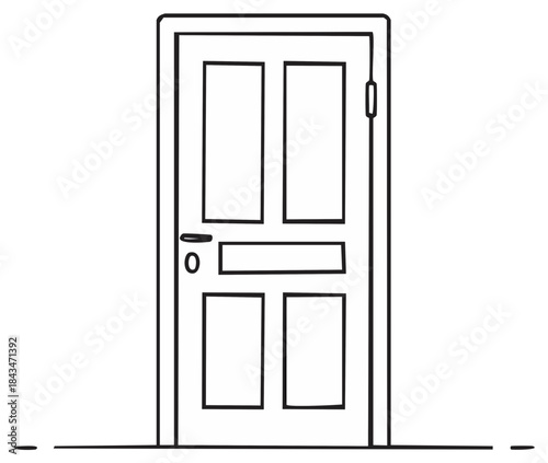 Hand drawn cartoon outline of a closed door with handle and panels entry or exit concept