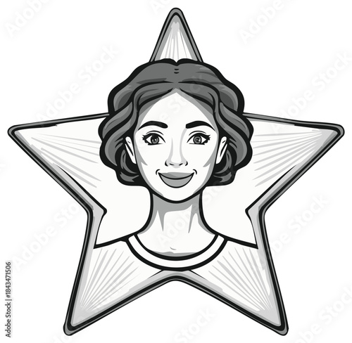 Retro style woman portrait with bright smile in front of a star graphic