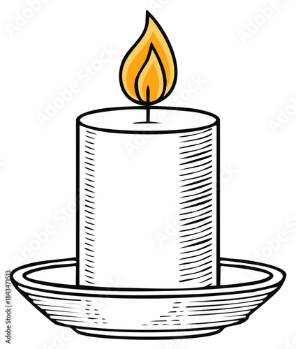 Lit candle with a burning flame in holder illustration