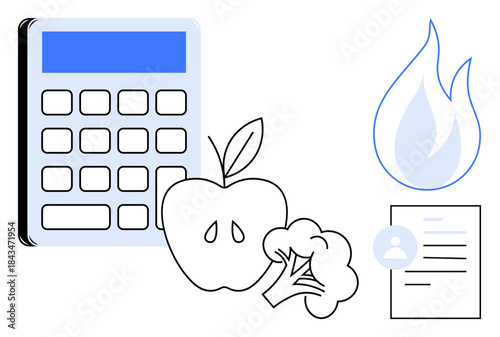 Nutrition tracking, calorie calculator, diet planning, wellness management, health data, metabolism. Apple, broccoli calculator flame and health document graphic. Nutrition tracking and calorie