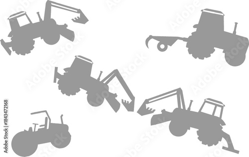This vector illustration shows the black silhouette of a heavy-duty bulldozer construction vehicle, tractor, or truck with associated machinery equipment and industrial transport icons