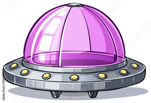 Cartoon flying saucer with purple dome and yellow lights isolated on white