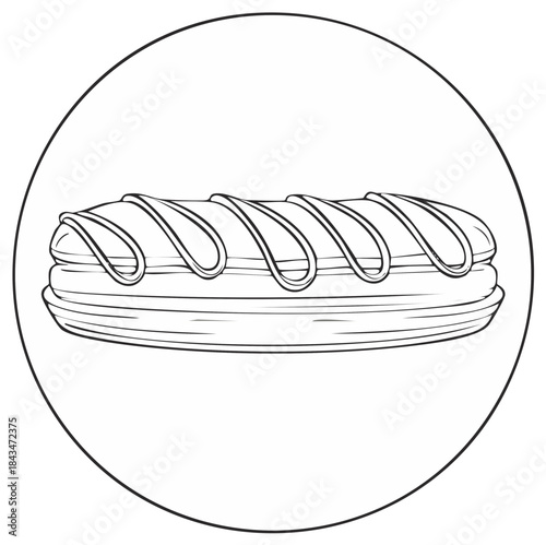 Black and white eclair pastry line art icon for coloring book