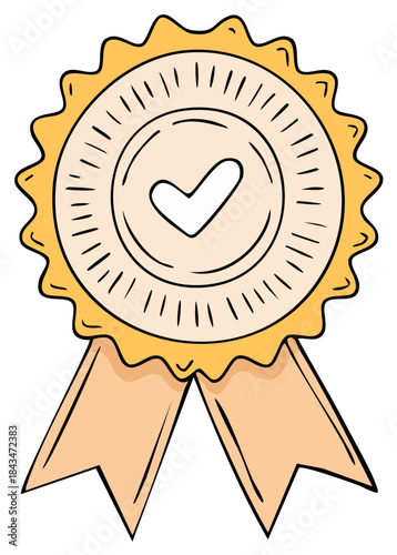 Hand-drawn gold award medal with check mark and flowing ribbons for quality approval