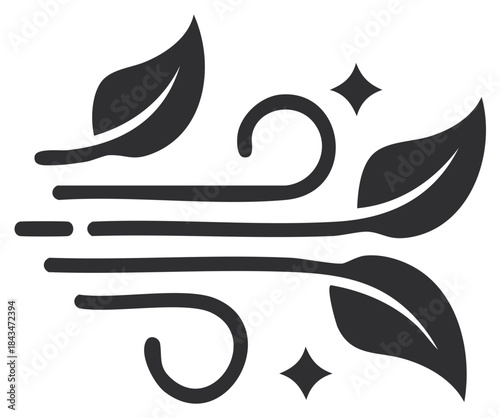 Stylized leaves and swirling wind icon with sparkling elements