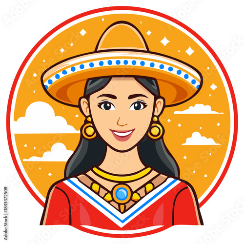Smiling Latina Woman Wearing Traditional Sombrero and Colorful Dress