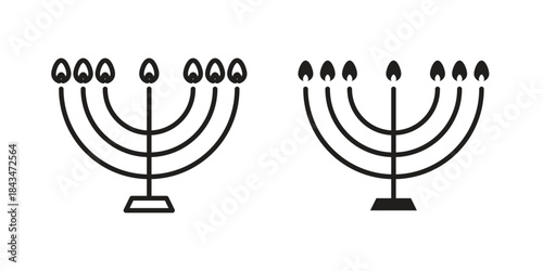 Menorah icons. Solid black silhouette and line art outline. Minimal design element,