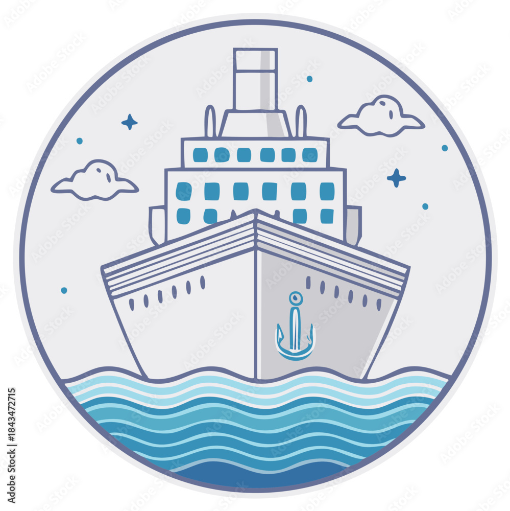 Obraz premium Ship on Wavy Seas with Clouds and Stars in a Blue Circle, Cruise, Travel, Voyage, Adventure, Maritime, Ocean, Boat, and Nautical
