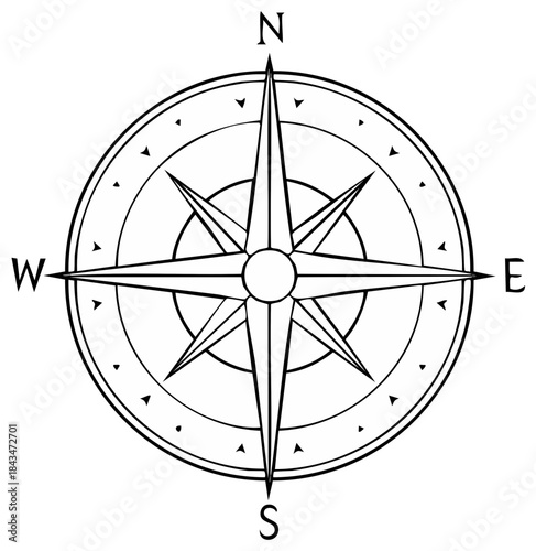 Detailed outline of a classic compass rose showing north south east west directions
