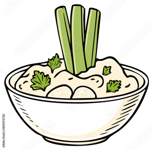 Delicious hummus with celery sticks and parsley in a white bowl healthy snack or appetizer
