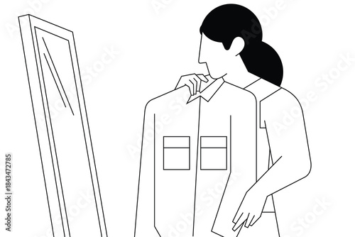 Vector line art of a woman holding a shirt in front of a mirror, showing outfit selection in minimalist black and white illustration.