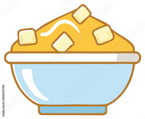 Vector illustration of mashed potatoes with butter cubes in a blue bowl