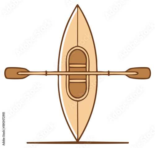Top view illustration of a wooden canoe with oars ready for paddling on water