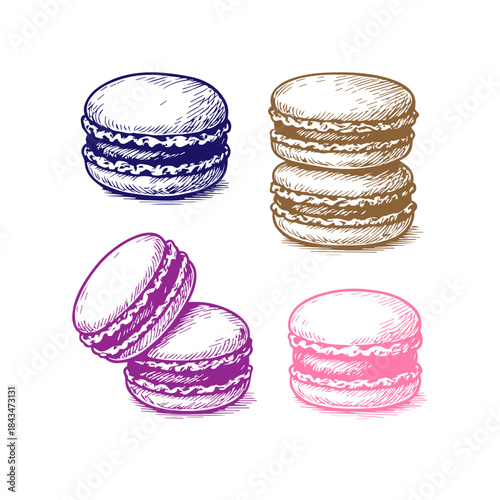 Simple hand drawn macaroon cookie set sketch, engraved sweet food illustration.