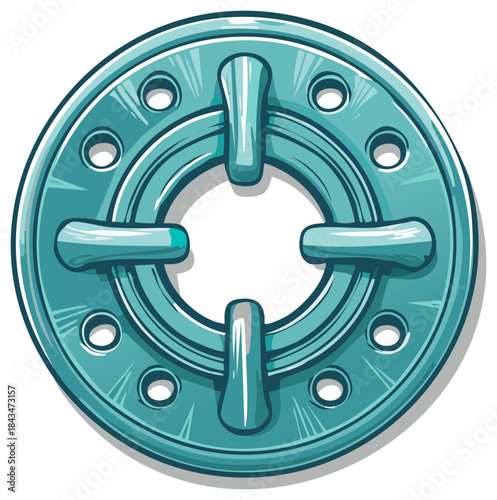 Abstract circular metallic object with four protruding handles and multiple holes