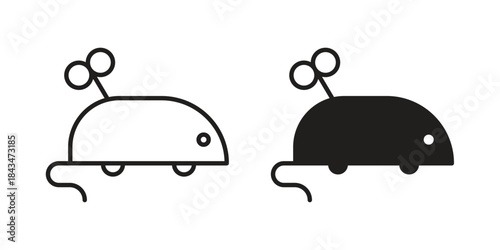 Mouse toy icons. Solid black silhouette and line art outline. Minimal design element,