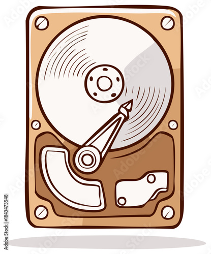 Cartoon style hard drive illustration for storing information and data with rotating disc