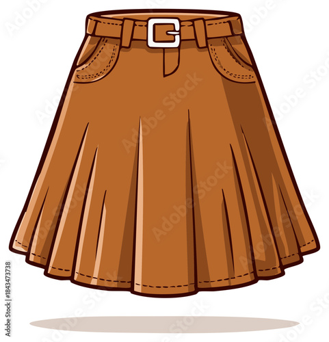 Brown pleated mini skirt with belt and pockets cartoon illustration