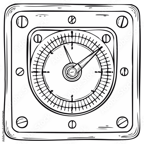 Hand-drawn illustration of a mechanical gauge with indicators and markings, vector illustration