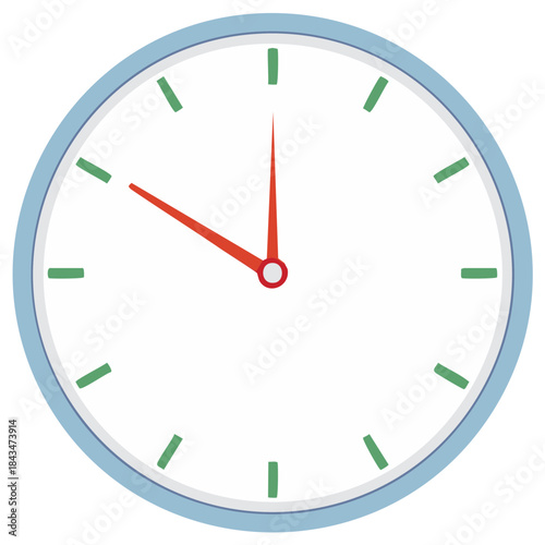 Classic clock face with red hands, green markers, and light blue outer ring, showing time concept.