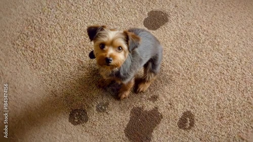 Small dog standing on carpet floor surrounded by wet paw prints indoors