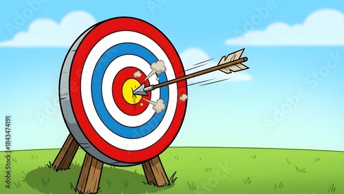Archery Target with Arrows Hitting Bullseye in Outdoor Field.