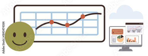 Smiling face next to upward graph with data points, analytics on monitors, and cloud. Ideal for success, growth, business, analytics, progress technology positive results. Simple flat metaphor