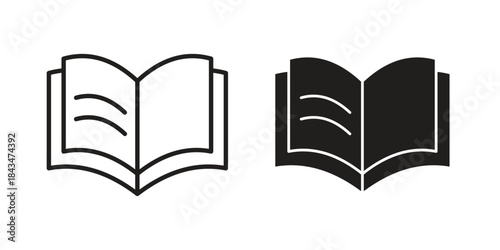 open book icons. Solid black silhouette and line art outline. Minimal design element,