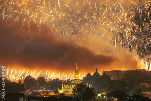 Phra That Luang Vientiane Grand Fireworks Display on Laos National Day Celebration (50th Anniversary)