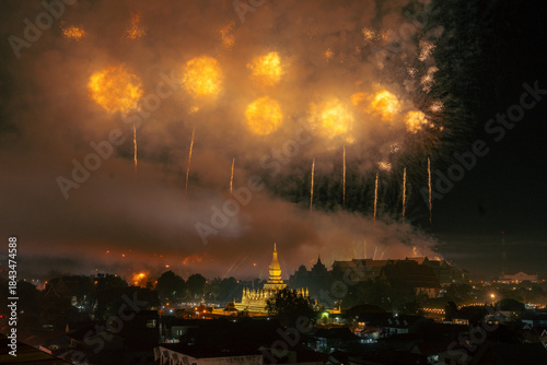 Phra That Luang Vientiane Grand Fireworks Display on Laos National Day Celebration (50th Anniversary)