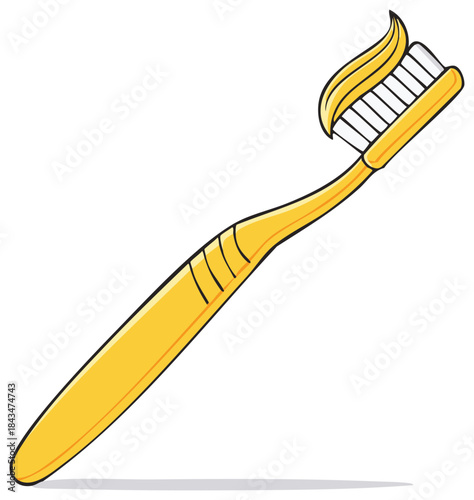 Yellow toothbrush with toothpaste stripe ready for cleaning teeth
