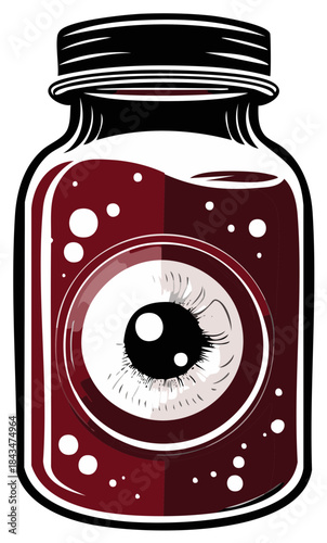 Eyeball Preserved in Glass Jar with Dark Liquid Halloween Decoration Concept