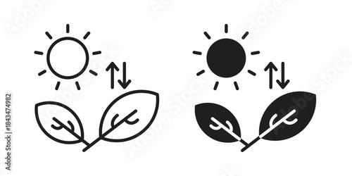 Photosynthesis icons. Solid black silhouette and line art outline. Minimal design element,