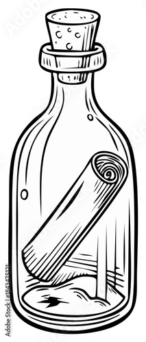 Vintage message in a bottle with cork stopper and rolled scroll inside, hand-drawn illustration