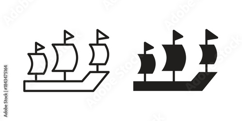 Pirate ship icons. Solid black silhouette and line art outline. Minimal design element,