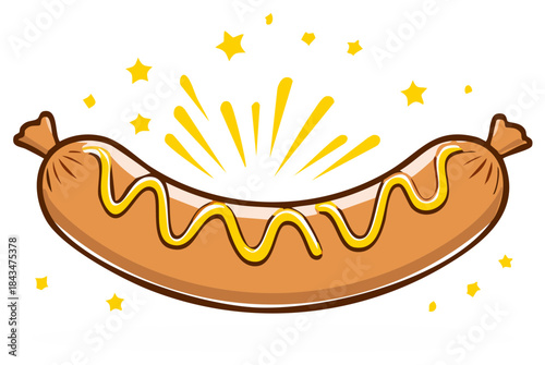 Fun cartoon illustration of a delicious grilled sausage with a yellow mustard drizzle and stars