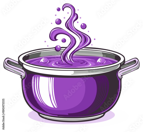 Cartoon purple pot with boiling liquid and steam illustration
