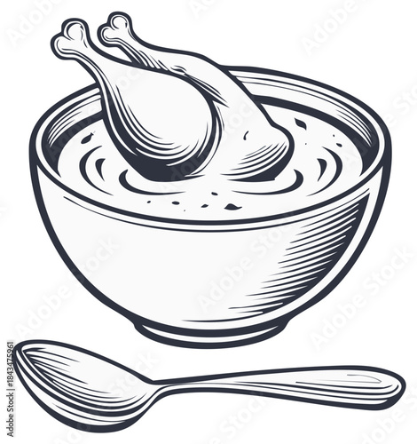 Illustration of soup with chicken legs in a bowl and spoon, vector drawing isolated